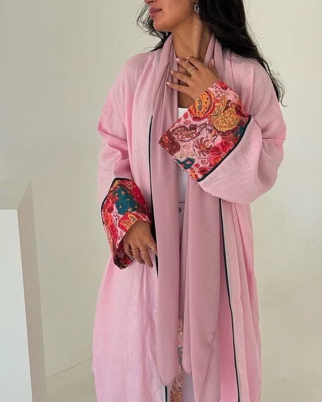 pink embroidered abaya